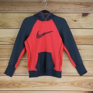 Nike Therma-Fit Sweatshirt Hooded Boys Size M Red Gray Front Pocket Activewear‎
